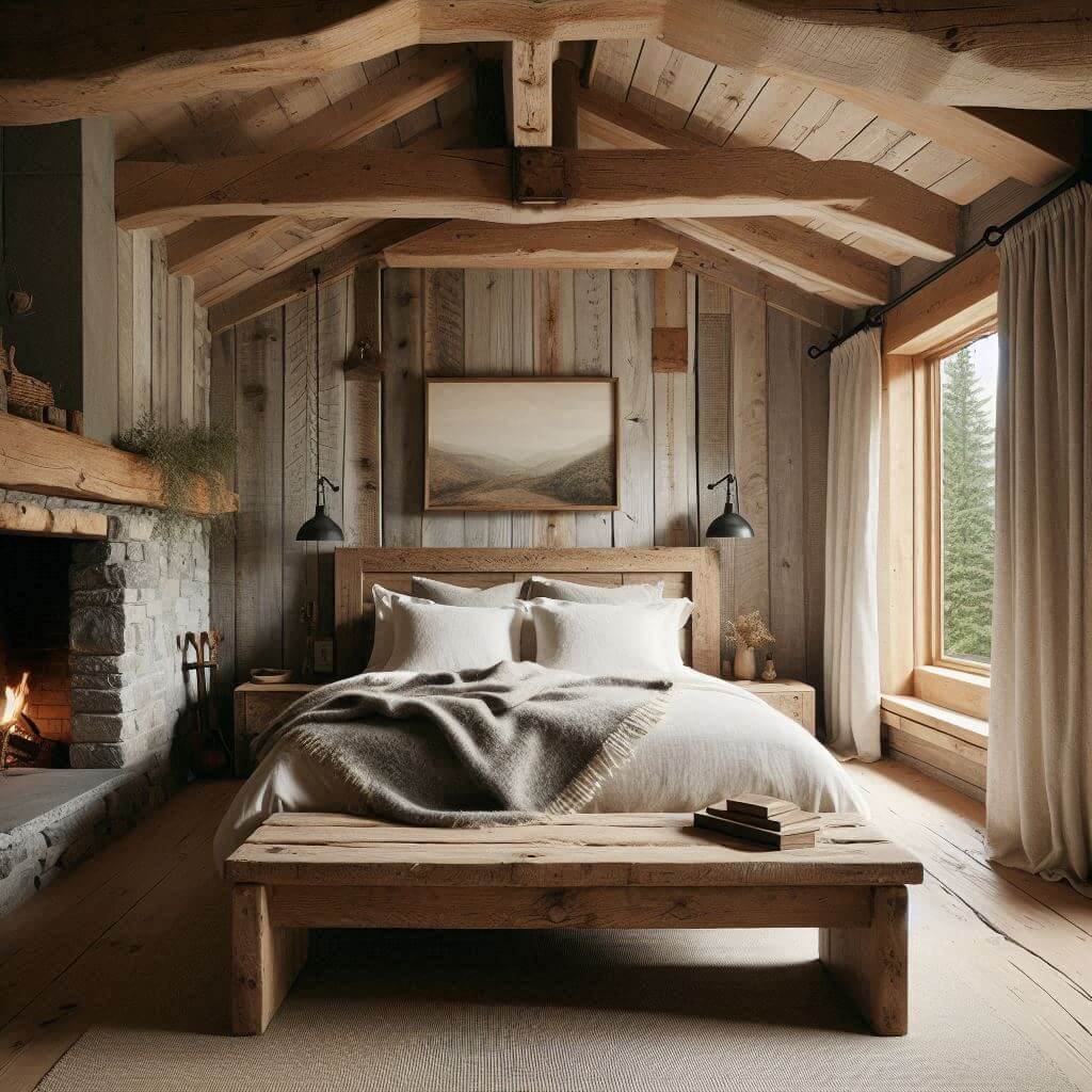 Cozy rustic bedroom interior by Hothi & Co. featuring reclaimed wood walls, a vaulted ceiling with exposed wooden beams, a simple wooden bed frame, white linens, and a soft grey wool blanket.
