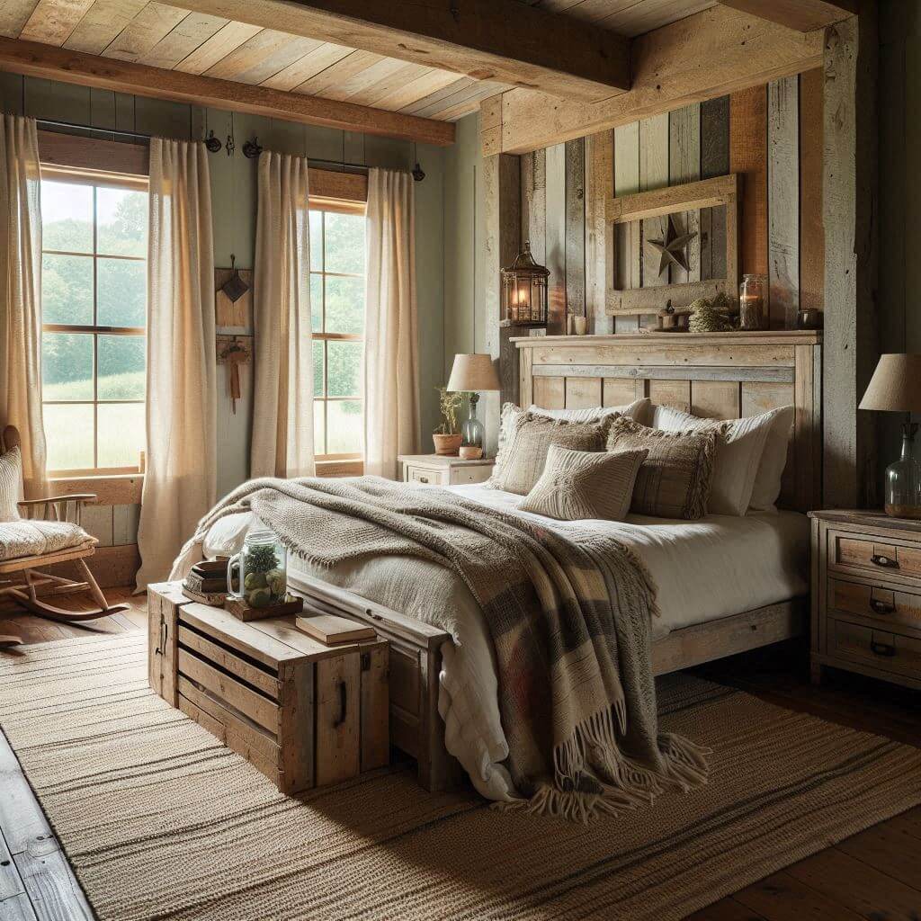 Farmhouse-style rustic bedroom interior by Hothi & Co. featuring distressed wood furnishings, a reclaimed barn wood headboard, soft white linens, and a plaid wool blanket.