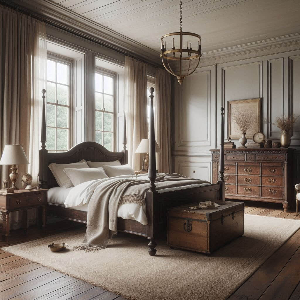 Refined rustic bedroom interior by Hothi & Co. featuring antique dark wooden four-poster bed, crisp white linens, soft beige linen duvet, and a neutral color palette.