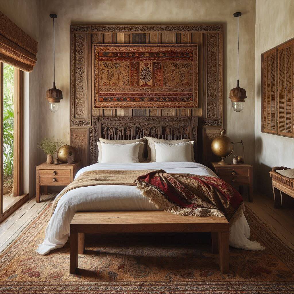 Rustic bedroom interior by Hothi & Co. blending Indian craftsmanship with natural materials, featuring a hand-carved dark walnut wooden headboard, white linens, and a deep red embroidered wool throw.