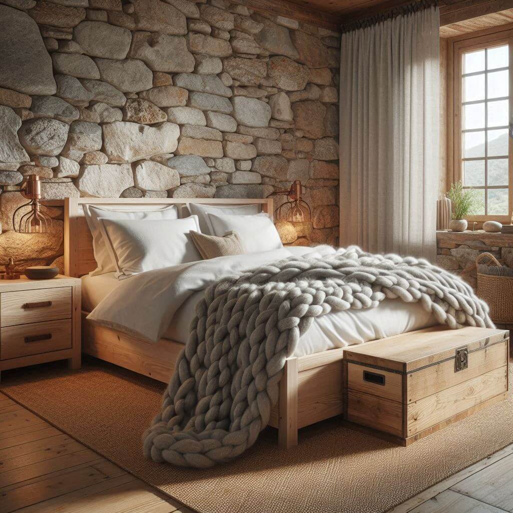 Rustic bedroom interior by Hothi & Co. featuring natural stone walls, wooden elements, a simple wooden bed frame, white linens, and a soft grey chunky knit blanket.