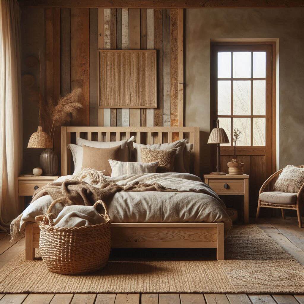 Rustic bedroom interior by Hothi & Co. featuring warm earthy tones, a natural oak wooden bed frame, beige and brown linen bedding, and handwoven accents against soft grey walls.
