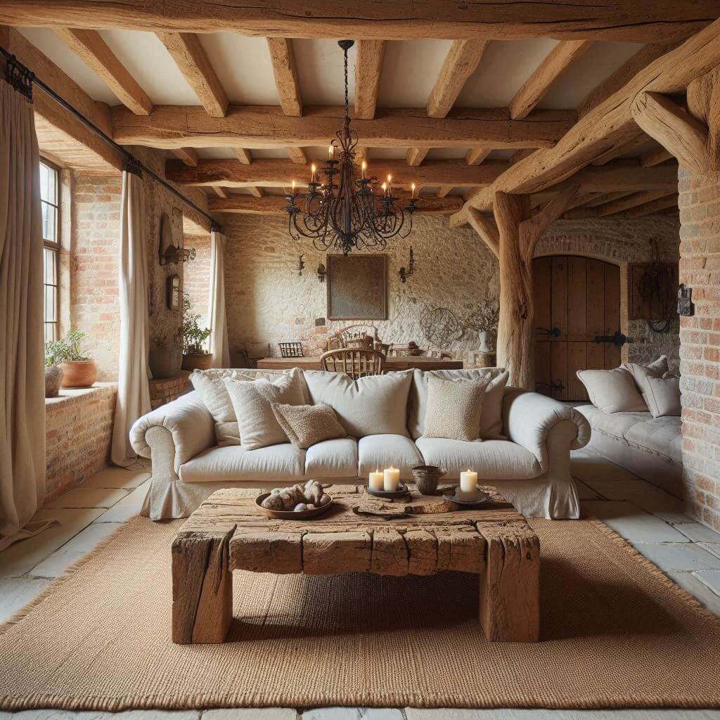 Cozy rustic living room by Hothi & Co. featuring exposed wooden ceiling beams, a soft beige linen sofa, and a chunky natural wood coffee table.