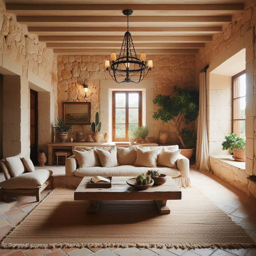Warm rustic living room by Hothi & Co. featuring natural stone elements, beige linen sofa, and a heavy wooden coffee table in earthy tones.