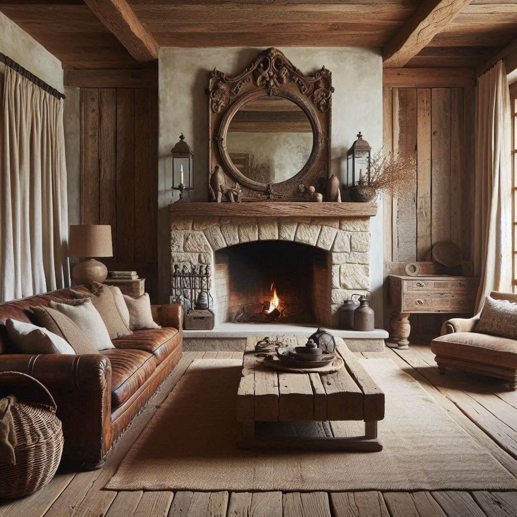 Rustic living room by Hothi & Co. featuring a natural stone fireplace, deep brown worn leather sofa, vintage wooden coffee table, and wide plank wood flooring.