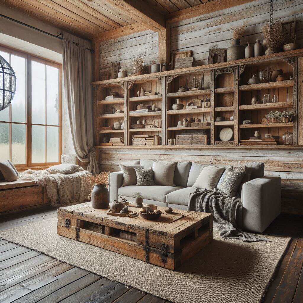 Rustic living room by Hothi & Co. featuring reclaimed wood, open shelving, a soft grey sofa, and a coffee table crafted from a repurposed wooden door.
