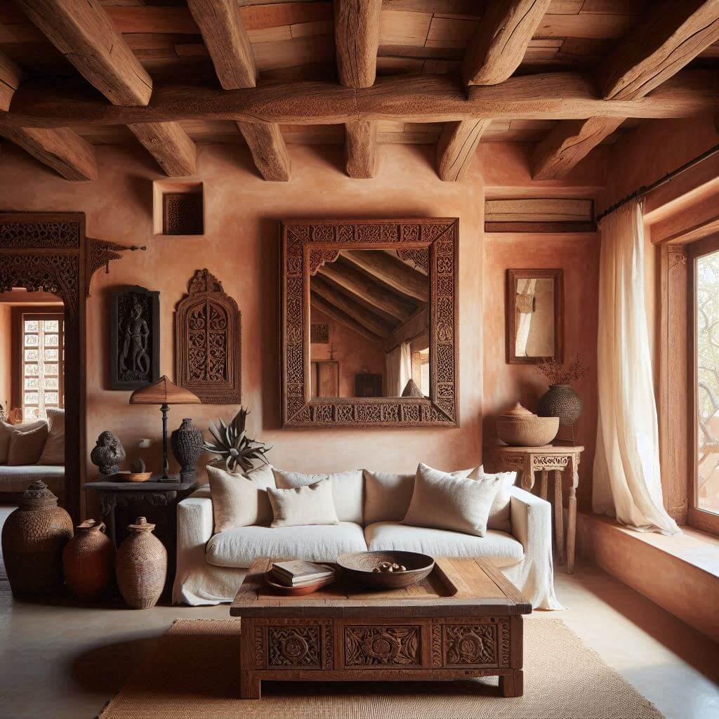 Rustic living room by Hothi & Co. featuring hand-carved Indian wooden beams, handcrafted decor, a cream linen sofa, and a reclaimed wooden coffee table.