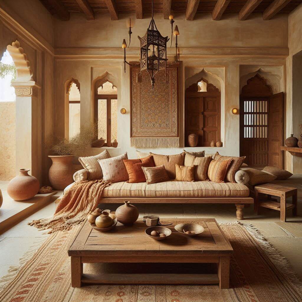 Rustic living room by Hothi & Co. featuring traditional Indian stone flooring, a wooden daybed with handwoven earth-tone cushions, and a reclaimed wood coffee table.