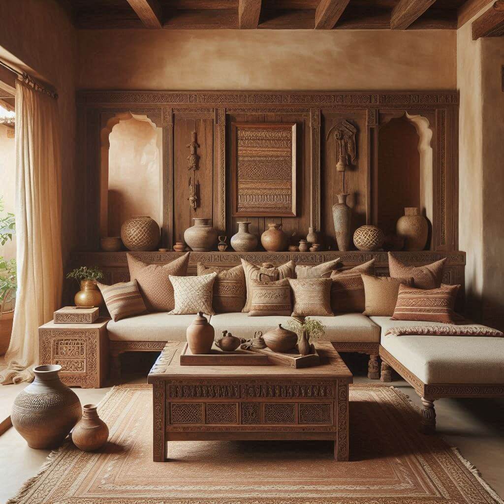 Rustic living room by Hothi & Co. featuring traditional Indian carved wooden sofa with handwoven cotton cushions in earthy beige tones.