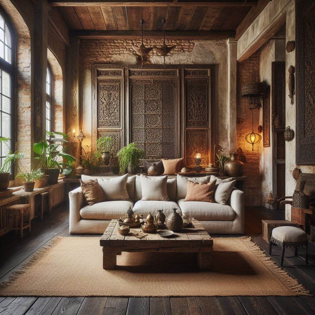Rustic living room by Hothi & Co. featuring exposed brick walls, Indian artifacts, beige linen sofa, and a rough-hewn wooden coffee table with dark wood flooring.