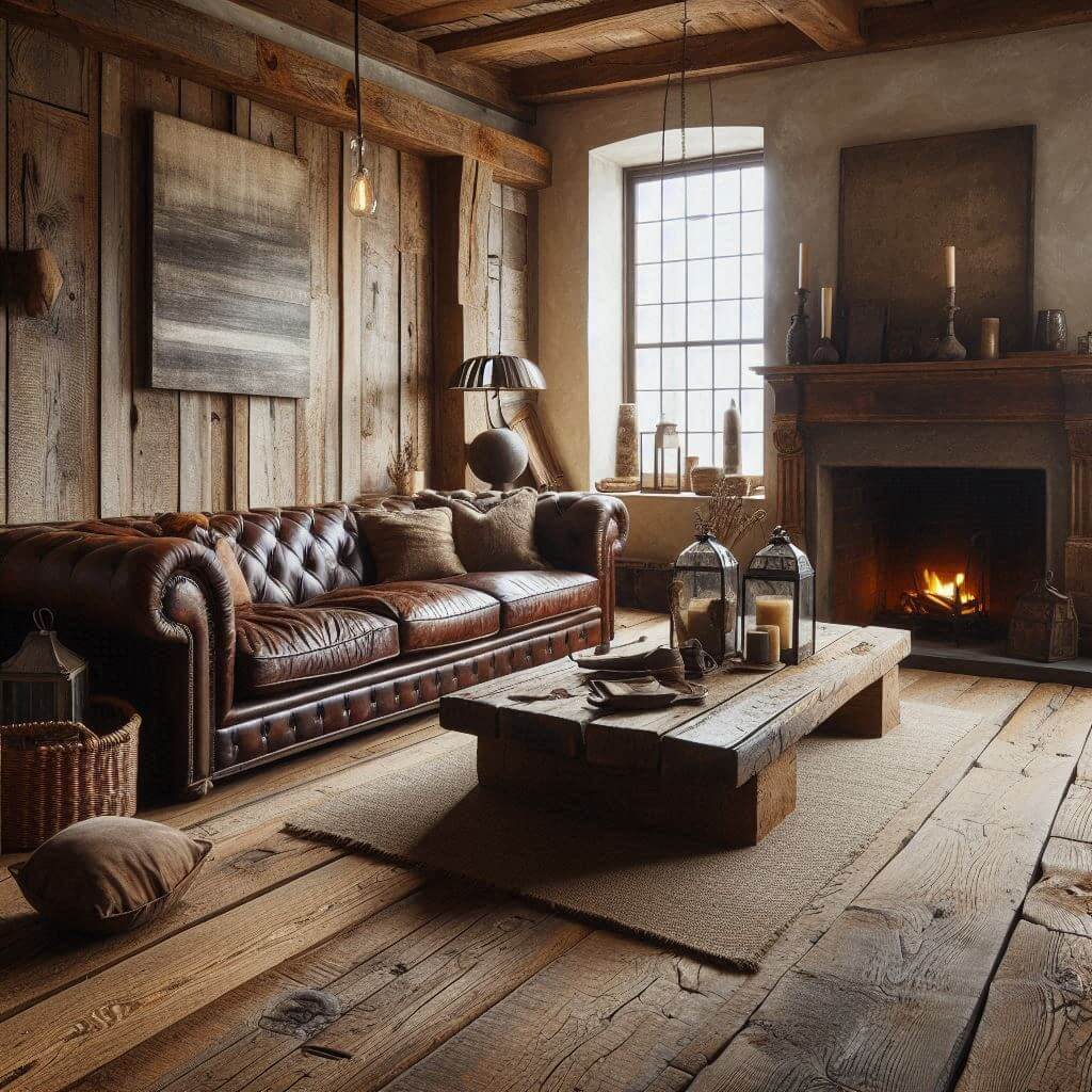 Rustic living room by Hothi & Co. featuring a distressed dark brown leather sofa, rough-hewn wooden coffee table, and warm textured finishes.