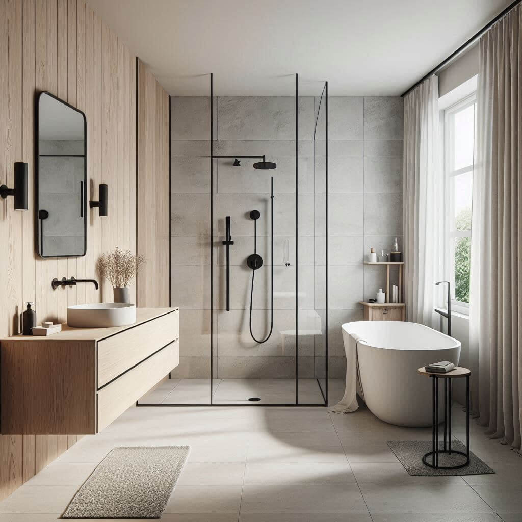 Sleek Scandinavian bathroom by Hothi & Co. featuring pale wooden walls, matte black fixtures, and a floating light ash wood vanity with white stone countertop.