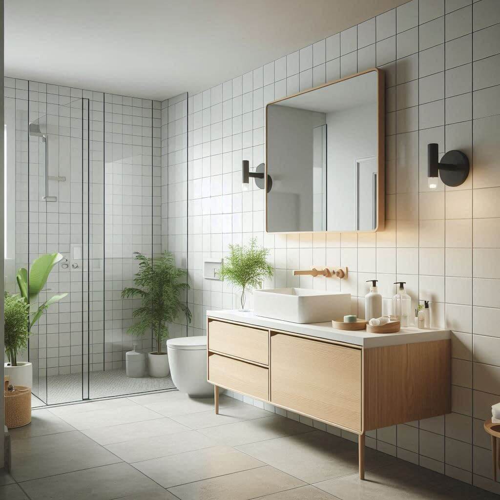 Minimalist Scandinavian bathroom by Hothi & Co. featuring white subway tile walls, light oak vanity with sleek white countertop, and abundant natural light.