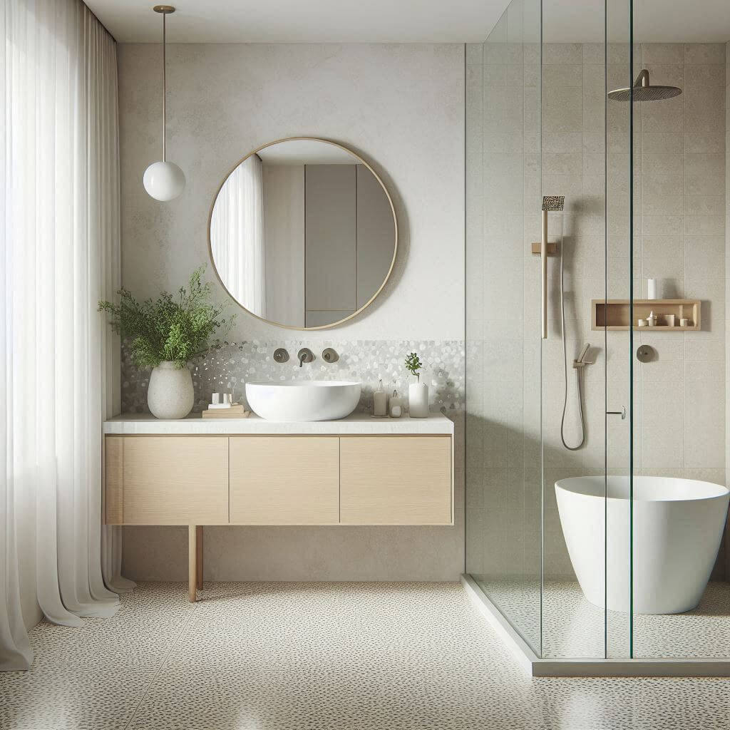 Scandinavian bathroom by Hothi & Co. featuring light terrazzo flooring with grey and white speckles, smooth white tiled walls, and a floating light wood vanity with a sleek countertop.