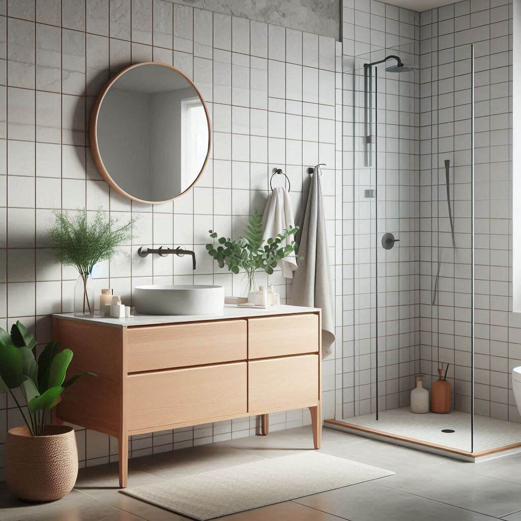 Serene Scandinavian bathroom by Hothi & Co. featuring matte white wall tiles, light grey porcelain flooring, a floating light oak vanity with white stone countertop, and brushed metal fixtures.