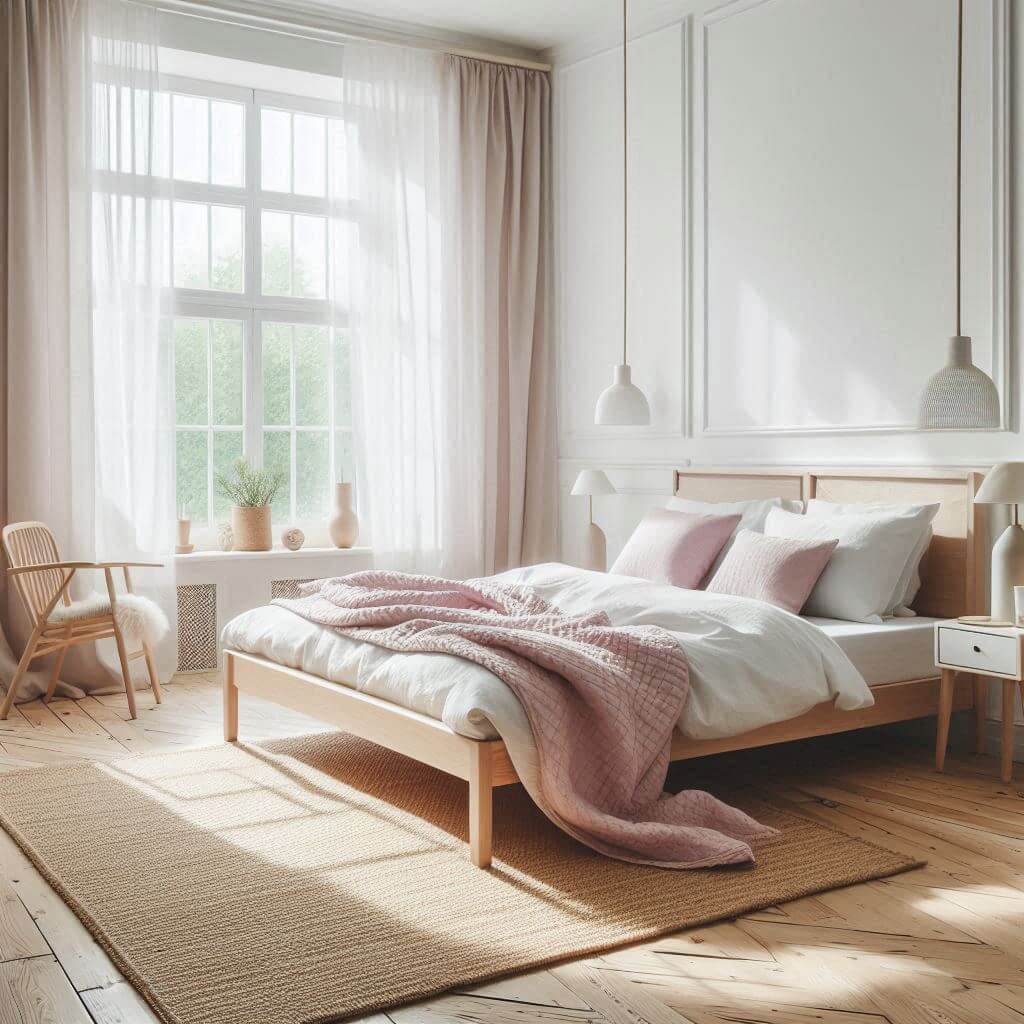 Bright Scandinavian bedroom interior by Hothi & Co. featuring white walls, natural wooden floors, a light wood bed frame, soft white and pastel pink linens, and a lavender quilted throw.