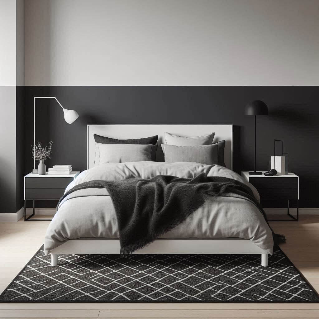 Sleek modern Scandinavian bedroom interior by Hothi & Co. featuring a white minimalist bed frame, light grey linens, a black wool throw, and a monochrome black and white palette.