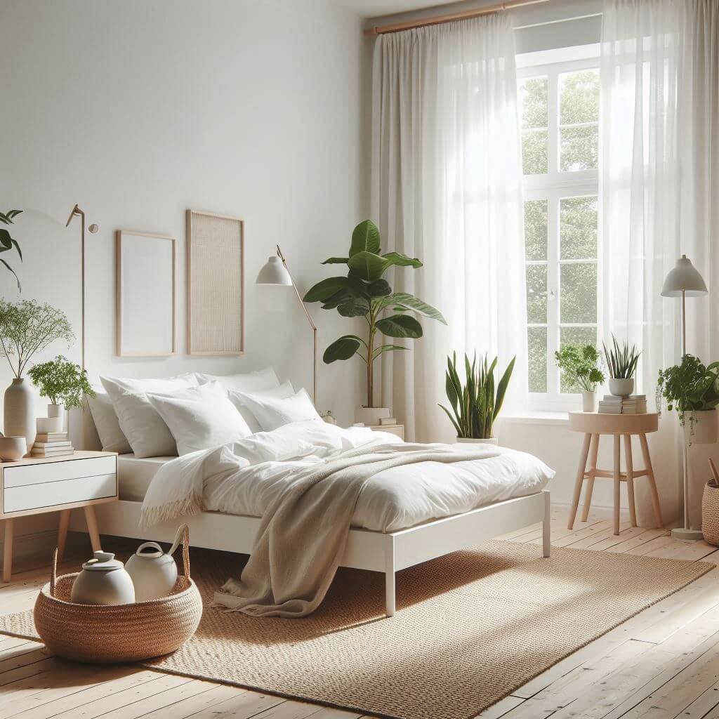 Bright Scandinavian bedroom interior by Hothi & Co. featuring natural light, greenery, a white minimalist bed frame, pale grey and white linens, and light wood nightstands.