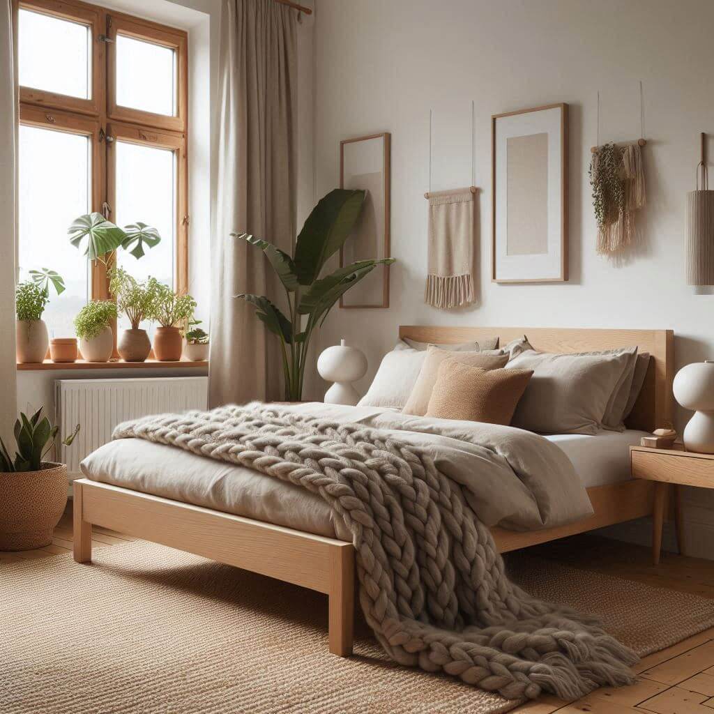 Cozy Scandinavian bedroom interior by Hothi & Co. featuring white walls, a light oak bed frame, beige linens, and a soft grey chunky knit blanket with warm earthy tones.