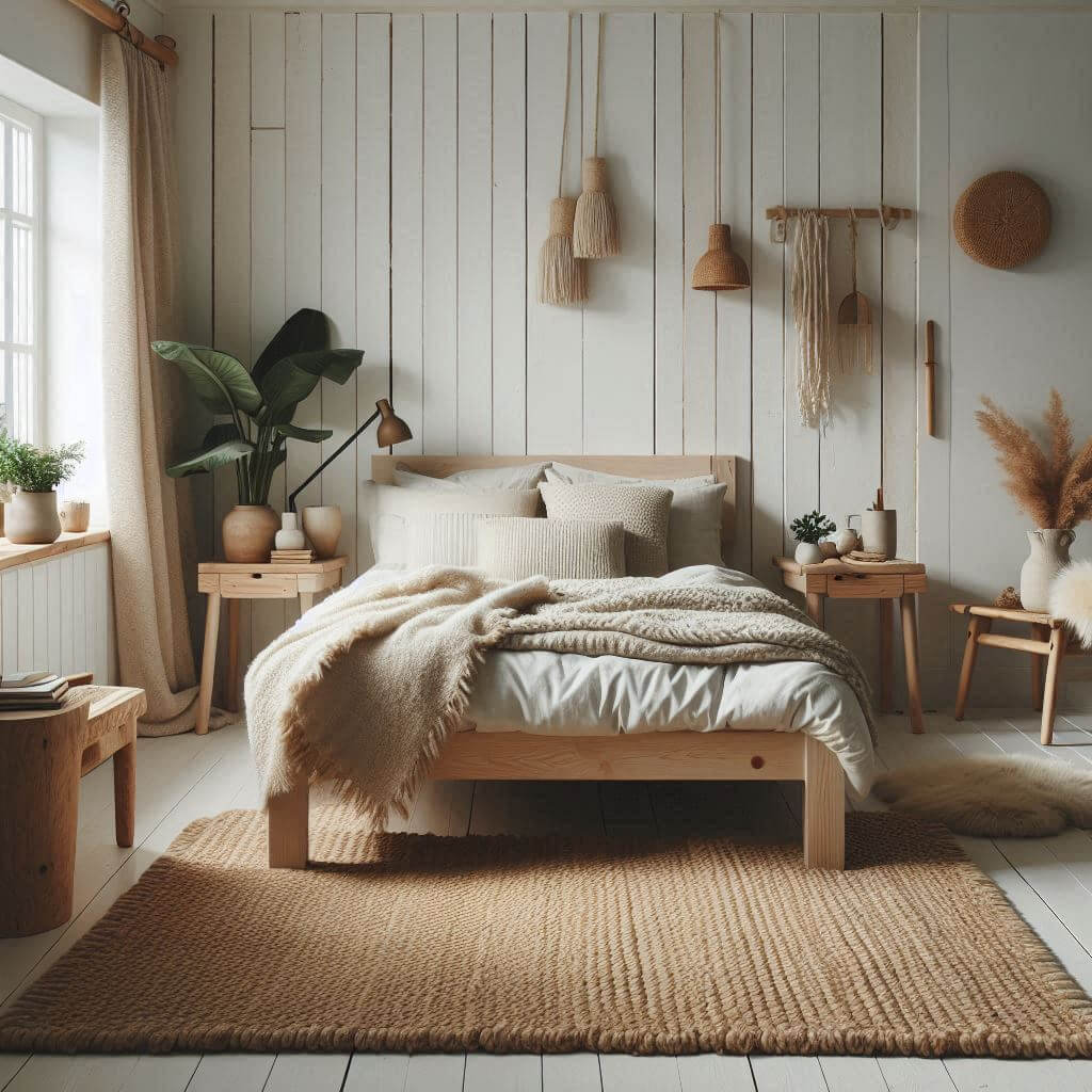Cozy hygge-inspired Scandinavian bedroom interior by Hothi & Co. featuring a natural oak wooden bed frame, soft white linens, layered light beige wool throws, and warm neutral textures.