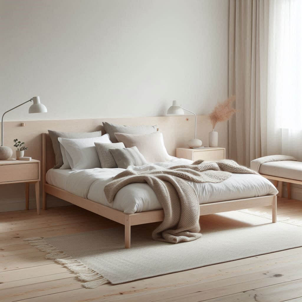 Minimalist Scandinavian bedroom interior by Hothi & Co. featuring clean lines, a low-profile wooden bed, white linens, a light grey wool throw, and simple wooden nightstands.