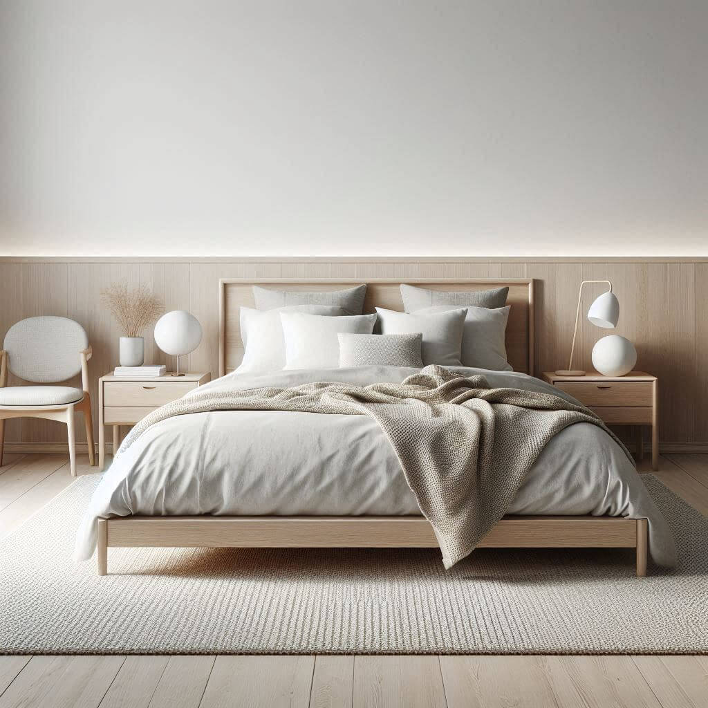 Modern Scandinavian bedroom interior by Hothi & Co. featuring clean lines, a sleek low-profile wooden bed frame, soft white linens, and a light grey textured throw.