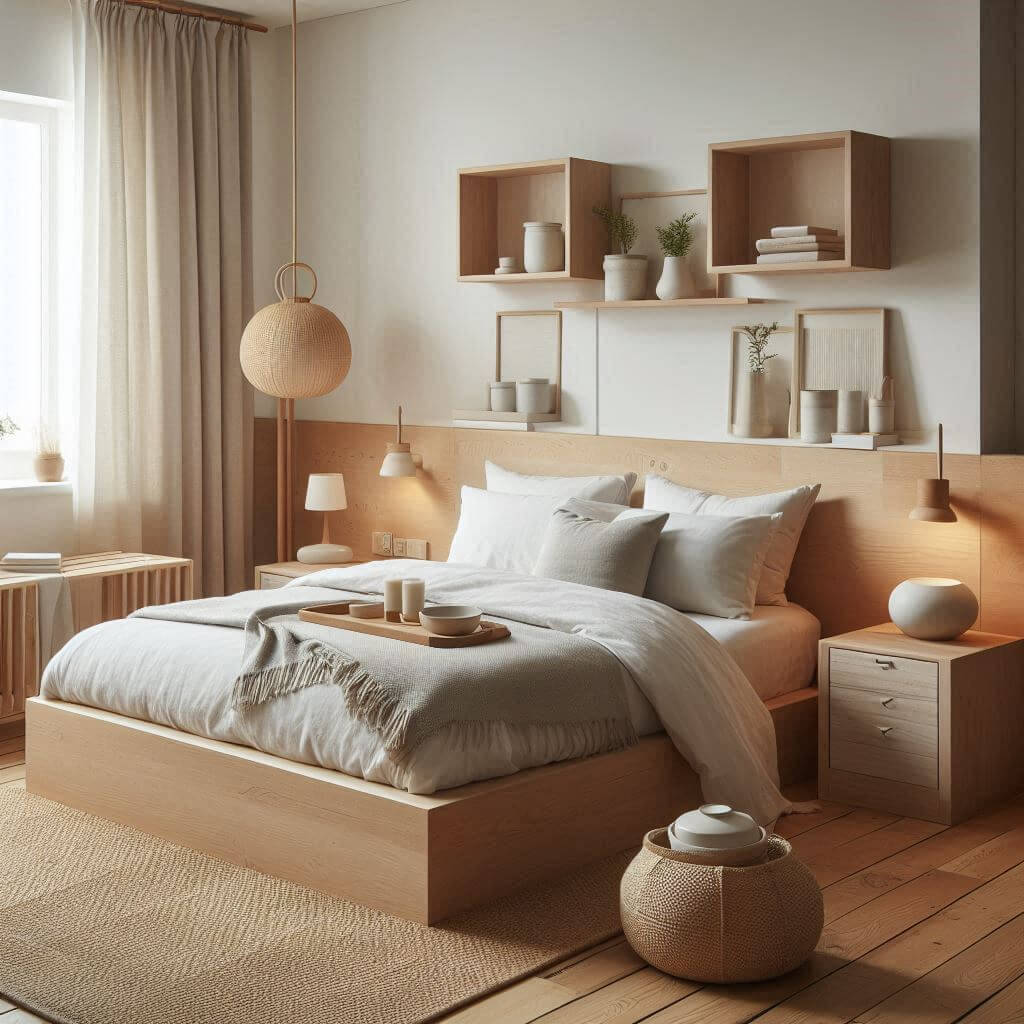 Practical Scandinavian bedroom interior by Hothi & Co. featuring a wooden platform bed, white linens, a light grey blanket, simple nightstands, and a warm functional design.