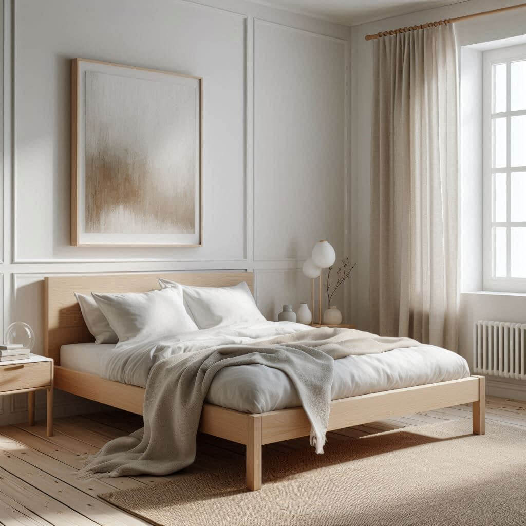 Serene Scandinavian bedroom interior by Hothi & Co. featuring light wooden floors, white walls, a low-profile wooden bed frame, crisp white linens, and a soft grey throw.
