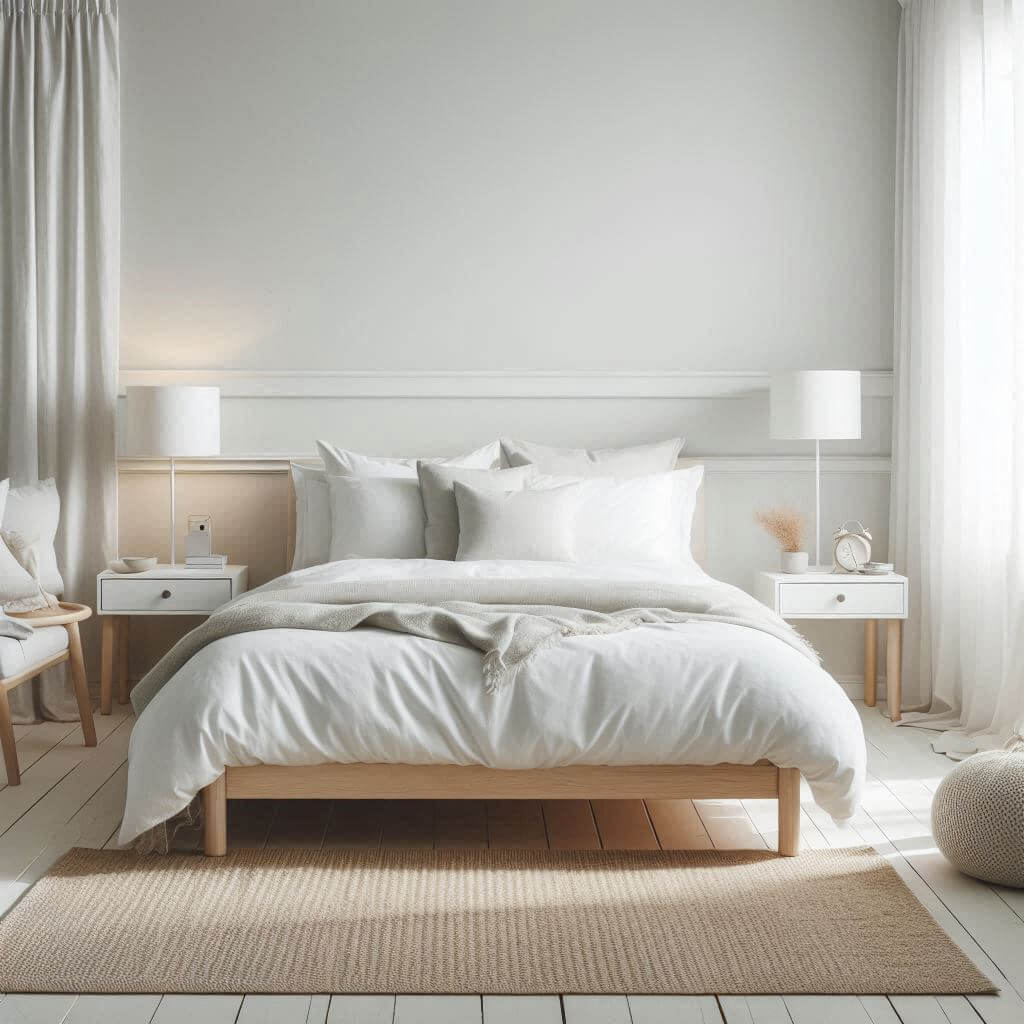 Simple Scandinavian bedroom interior by Hothi & Co. featuring a low wooden platform bed, white linens, light grey duvet, soft grey pillows, and a clean neutral palette.