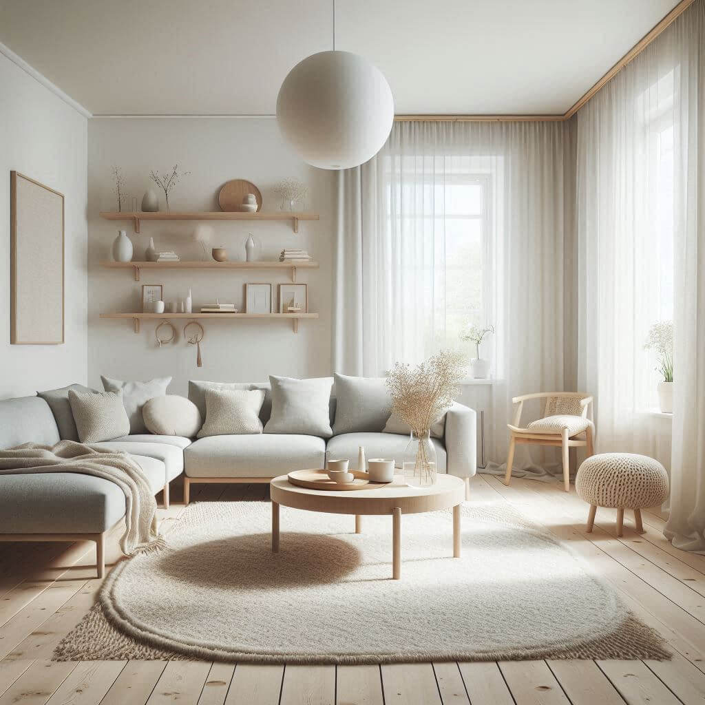 Bright Scandinavian living room by Hothi & Co. featuring a sleek grey fabric sofa, round light wood coffee table, and minimalist light-toned interior design.