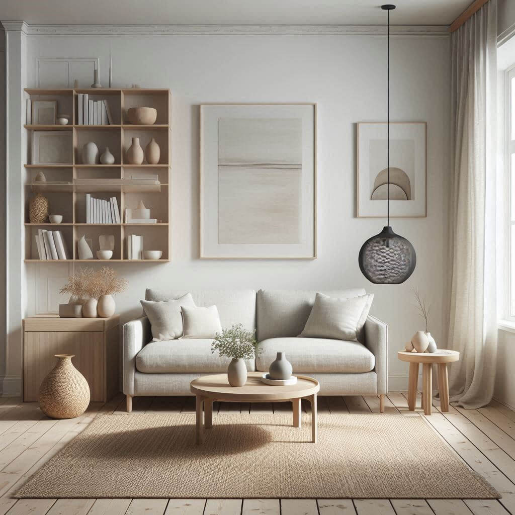 Serene Scandinavian living room by Hothi & Co. featuring a light grey linen sofa, round wooden coffee table, and light wood flooring in a neutral minimalist setting.