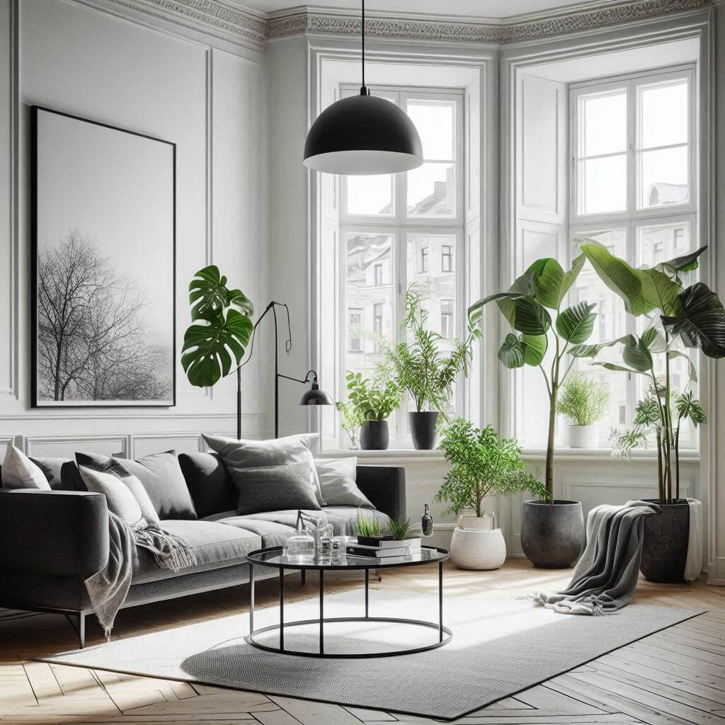 Chic Scandinavian living room by Hothi & Co. featuring a charcoal grey sofa, black metal-framed coffee table, monochrome palette, and natural greenery accents.