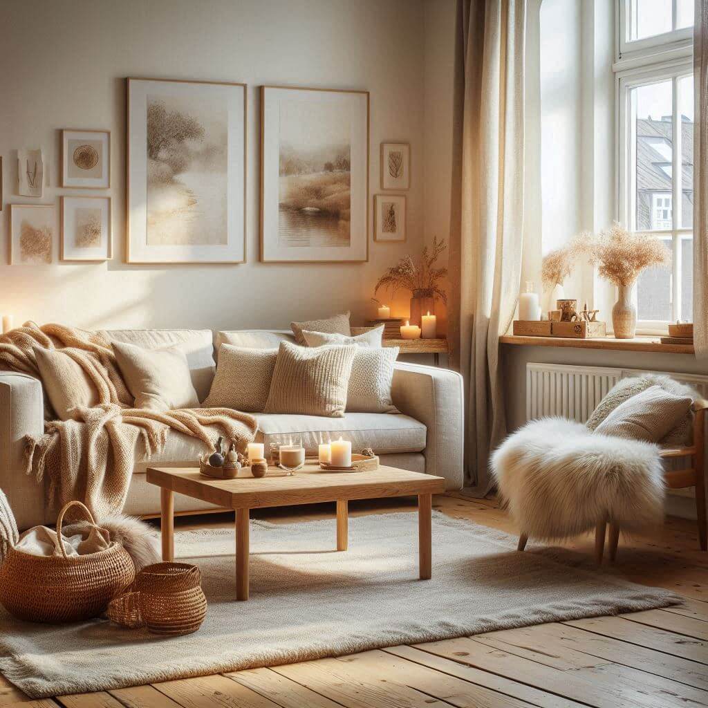 Cozy Scandinavian hygge living room by Hothi & Co. featuring a plush beige sofa, soft cushions, and a low natural wood coffee table with warm accents.