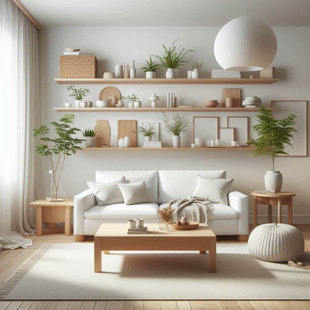 Light Scandinavian living room by Hothi & Co. featuring a white fabric sofa, natural wood coffee table, open shelving, and warm wood accents in an airy layout.