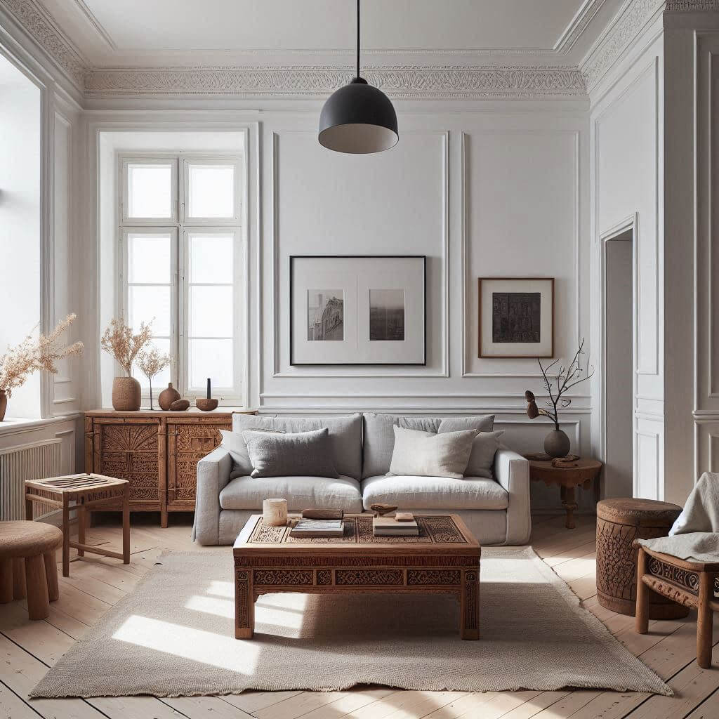 Scandinavian living room by Hothi & Co. featuring a light grey linen sofa and a low carved Indian wooden coffee table blending clean lines with traditional craftsmanship.