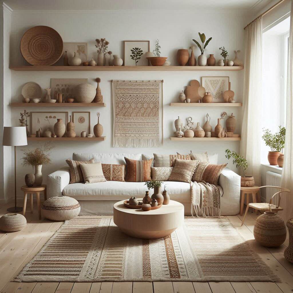 Scandinavian living room by Hothi & Co. featuring a white linen sofa, light wood coffee table, and Indian textile accents within a neutral color palette.