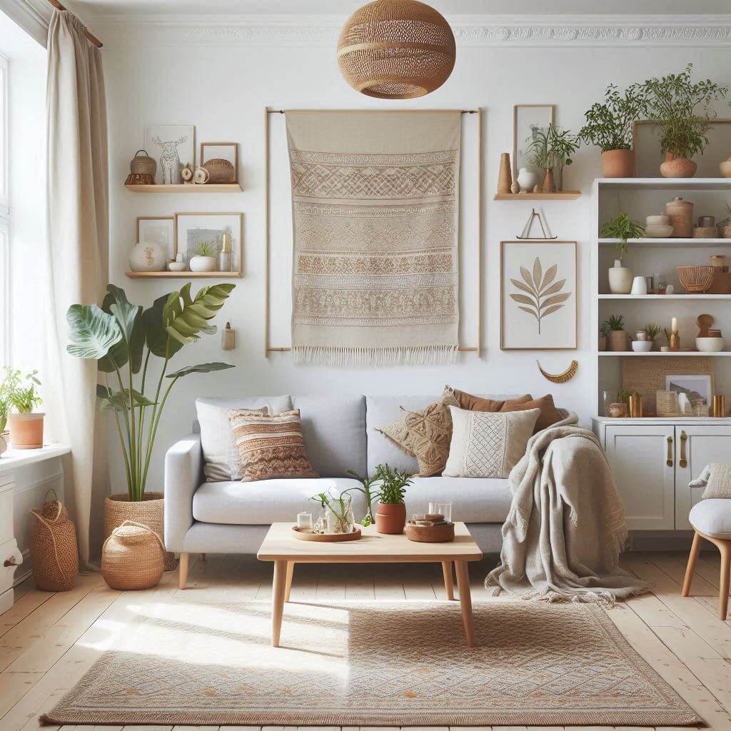 Scandinavian living room by Hothi & Co. featuring a light grey clean-lined sofa, simple wooden coffee table, and Indian block print textile accents.