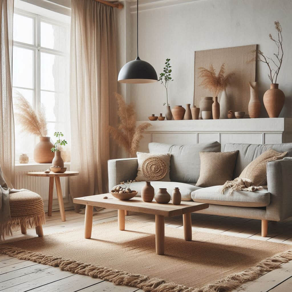 Scandinavian living room by Hothi & Co. featuring a grey fabric sofa, natural wood coffee table, and Indian jute rug with earthy decor accents.