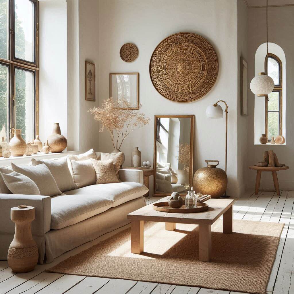 Serene Scandinavian living room by Hothi & Co. featuring a light beige linen sofa, natural wood coffee table, and Indian brass accent decor.